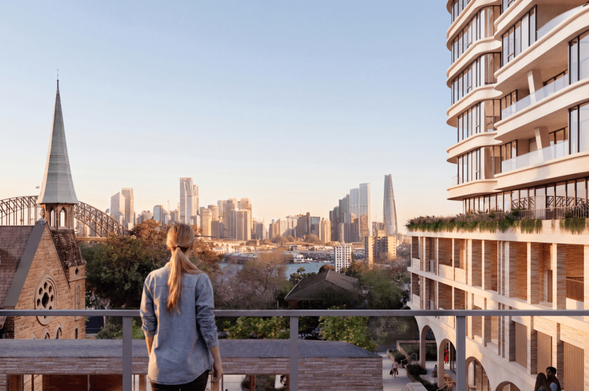 Artist’s impression of a terrace overlooking Sydney Harbour, with the church spire on the left and proposed apartments on the right.