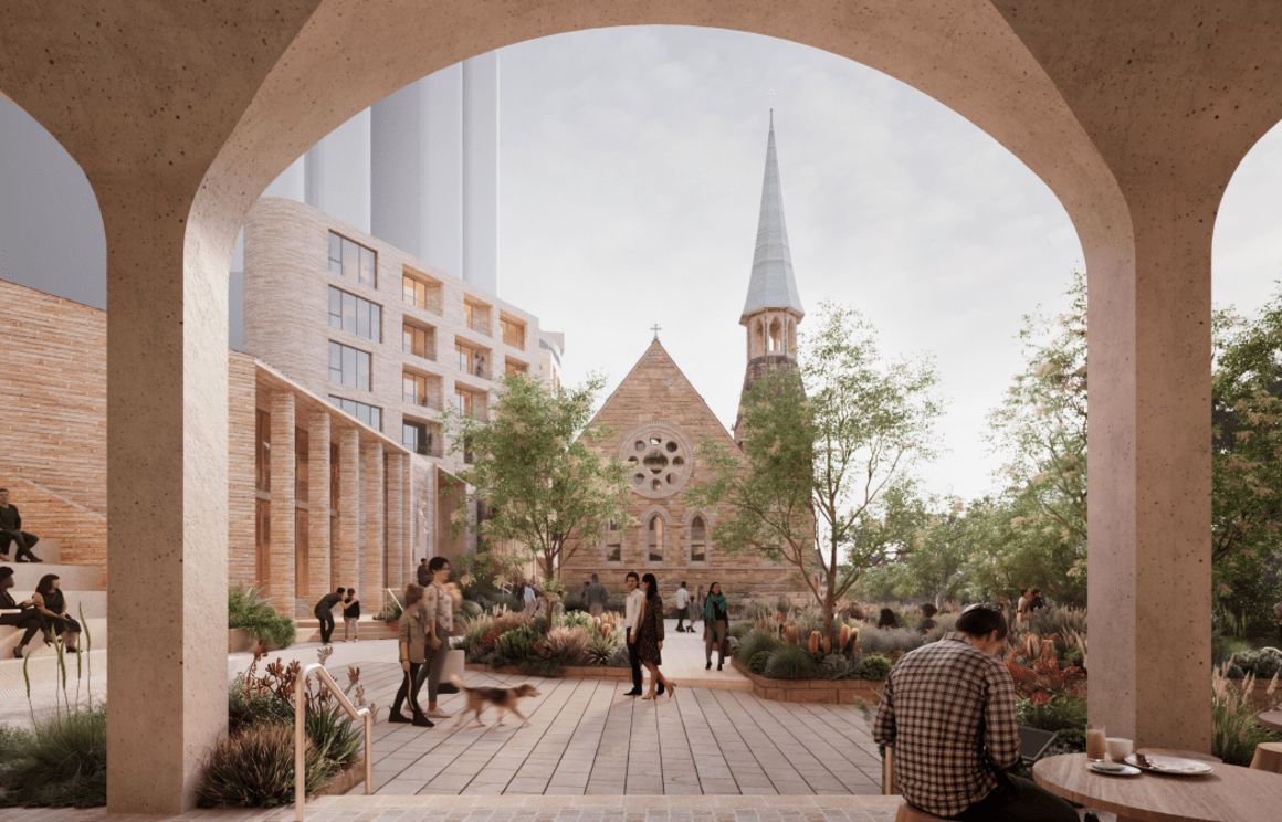 Artist’s impression of a landscaped square with seating and pedestrians, looking through an arch towards St Francis Xavier Church.