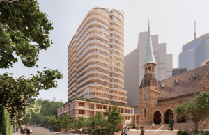 Artist’s impression of a proposed 20-storey apartment tower beside the sandstone St Francis Xavier Church.