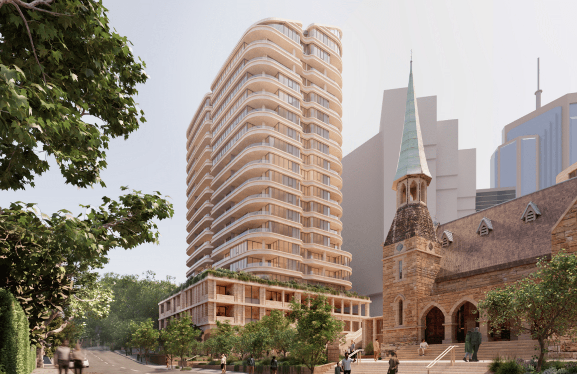 Artist’s impression of a proposed 20-storey apartment tower beside the sandstone St Francis Xavier Church.